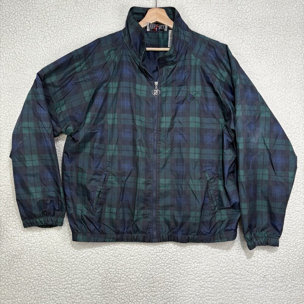 Vintage Jerzees Jacket Mens XL Green Navy Plaid Full Zip Nylon Windbreaker‎ 90s